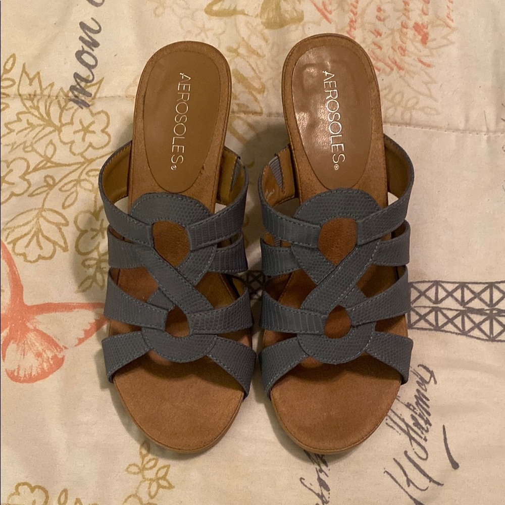 AEROSOLES Blue Slip-On Sandals with Interwoven Straps